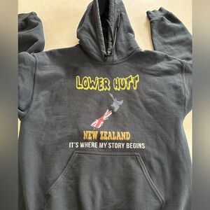 Lower Hutt New Zealand Graphic Hoodie - Black with Yellow Text Sz. Medium